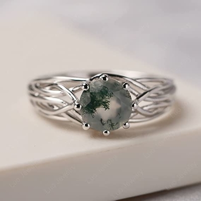 Pedra do clássico 7 corte oval Moss Green Agate e Diamond Plain Shank Wedding Ring de 1,1 quilates no ouro branco