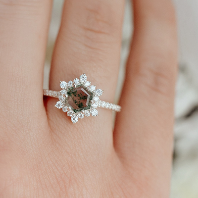 Hexágono Moss Agate Ring do floco de neve com o Moissanites para mulheres