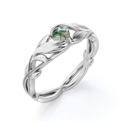 Anel de noivado de pedra de Moss Green Agate Leafy Single do corte redondo no ouro branco