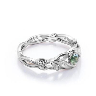 Anel de noivado de pedra de Moss Green Agate Leafy Single do corte redondo no ouro branco