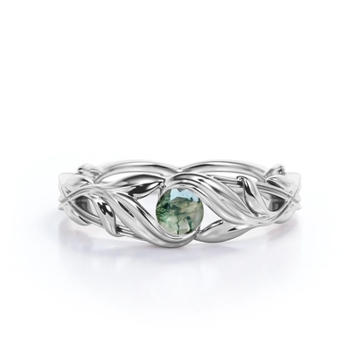 Anel de noivado de pedra de Moss Green Agate Leafy Single do corte redondo no ouro branco