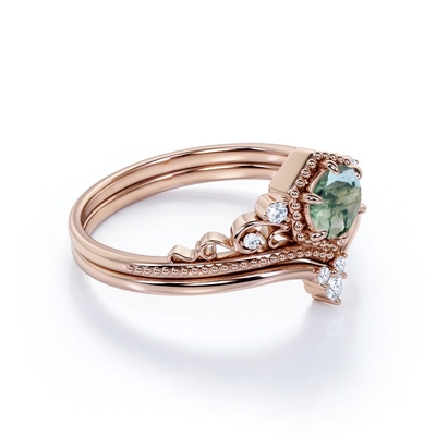Tiara filigrana de Chevron corte redondo Moss Green Agate e Diamond Wedding Ring Set de 0,6 quilates em Rose Gold