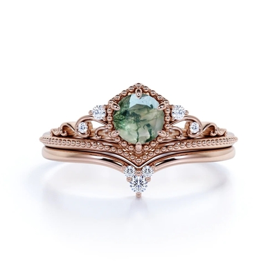 Tiara filigrana de Chevron corte redondo Moss Green Agate e Diamond Wedding Ring Set de 0,6 quilates em Rose Gold