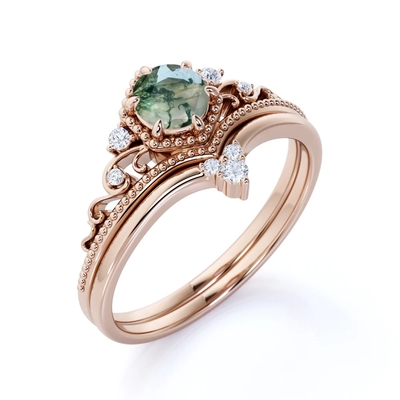 Tiara filigrana de Chevron corte redondo Moss Green Agate e Diamond Wedding Ring Set de 0,6 quilates em Rose Gold
