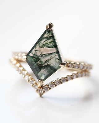 Ouro de Ring Set For Women In do acoplamento de Moss Agate Modern Prism Shape