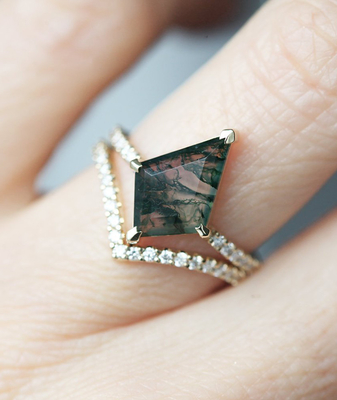 Ouro de Ring Set For Women In do acoplamento de Moss Agate Modern Prism Shape