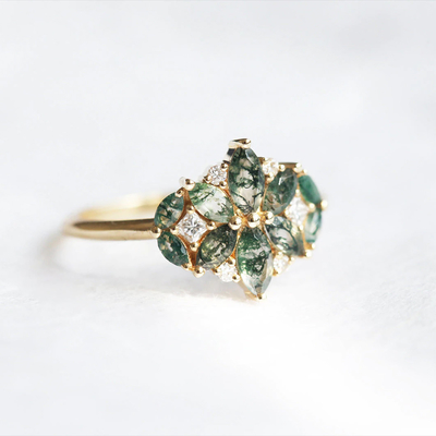 Flor natural Diamond Wedding Cluster Ring de Moss Agate Flower Shape Marquise