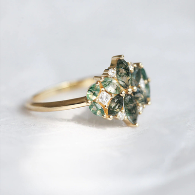 Pedra Moss Agate Engagement Ring Vintage natural Art Deco Gift Love da forma do papagaio