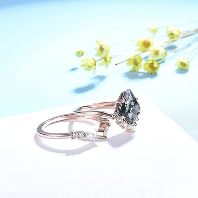 Large Hexagon Moss Agate Statement  Diamond Wedding Cluster Ring Set