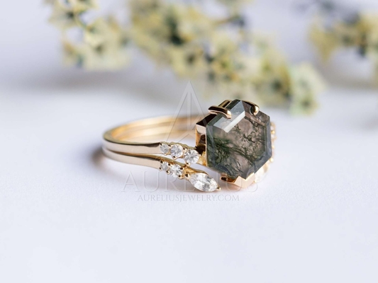 Large Hexagon Moss Agate Statement  Diamond Wedding Cluster Ring Set