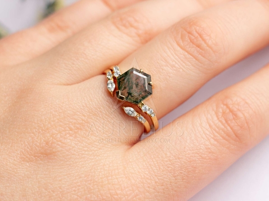 Large Hexagon Moss Agate Statement  Diamond Wedding Cluster Ring Set