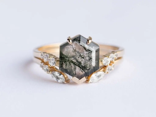 Pedra Moss Agate Engagement Ring Vintage natural Art Deco Gift Love da forma do papagaio