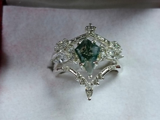 Pedra Moss Agate Engagement Ring Vintage natural Art Deco Gift Love da forma do papagaio