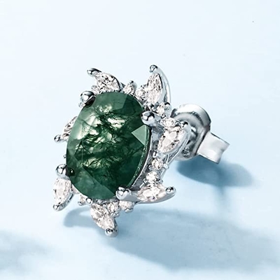 Brincos para mulheres, joia verde do casamento do acoplamento das gemas das mulheres naturais de Moss Agate 925 Sterling Silver Stud Earrings For