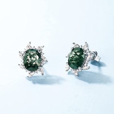 Brincos para mulheres, joia verde do casamento do acoplamento das gemas das mulheres naturais de Moss Agate 925 Sterling Silver Stud Earrings For