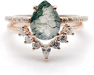 Moss Agate Emerald Ring Set, aliança de casamento da promessa do presente da joia do aniversário