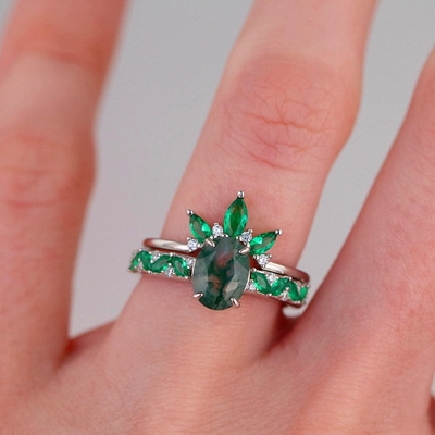 Moss Agate Emerald Ring Set, aliança de casamento da promessa do presente da joia do aniversário
