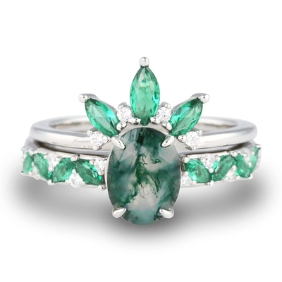 Moss Agate Emerald Ring Set, aliança de casamento da promessa do presente da joia do aniversário