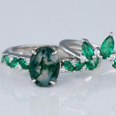 Moss Agate Emerald Ring Set, aliança de casamento da promessa do presente da joia do aniversário