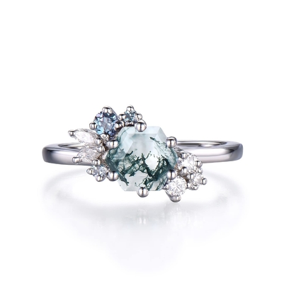 O hexágono cortou Moss Agate Vintage Unique Moissanite natural Ring For Art Deco nupcial
