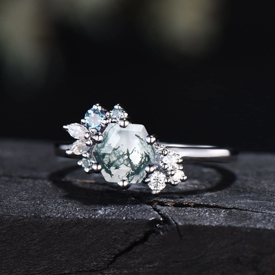 O hexágono cortou Moss Agate Vintage Unique Moissanite natural Ring For Art Deco nupcial