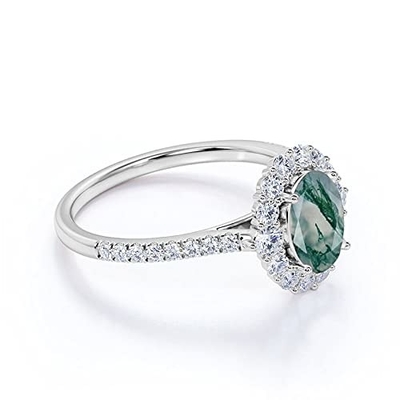 Acoplamento oval Ring Green Gemstone do halo de Moss Agate Moissanite Diamonds Floral