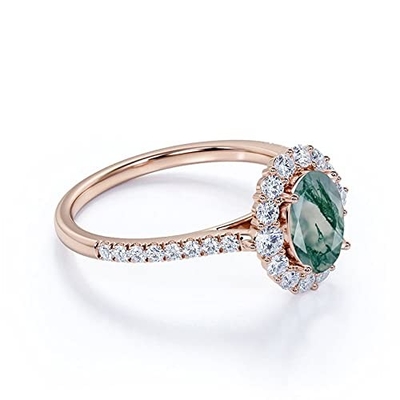 Acoplamento oval Ring Green Gemstone do halo de Moss Agate Moissanite Diamonds Floral