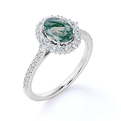 Acoplamento oval Ring Green Gemstone do halo de Moss Agate Moissanite Diamonds Floral