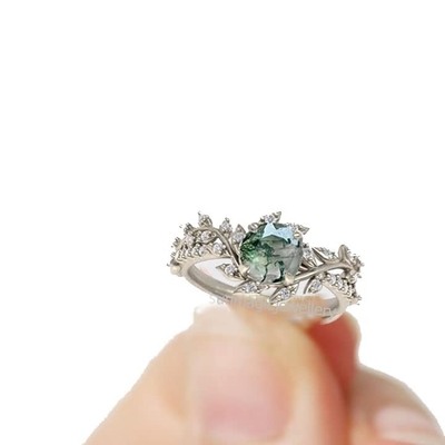A folha dá forma ao anel de noivado nupcial de prata de Mossagate da pedra do centro de 925 Sterling