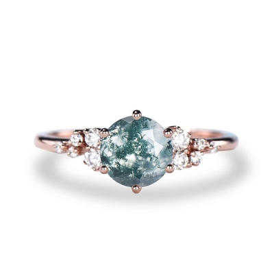 Casamento verde Ring Natural Moss Agate do conjunto do monte de neve de pedra preciosa do vintage