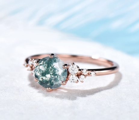 Casamento verde Ring Natural Moss Agate do conjunto do monte de neve de pedra preciosa do vintage