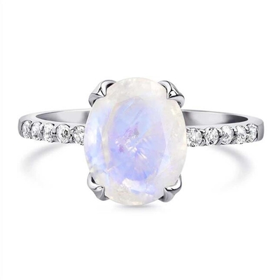 Anel azul natural de Moonstone do hexágono da joia de 925 Sterling Silver Halo CZ