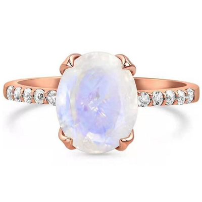 A lua original dá forma aos anéis de venda quentes de prata de prata de Rose Gold Plated Natural Moonstone Ring Star Round CZ