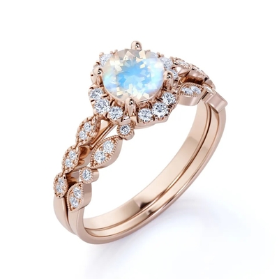 Anéis novos de Sterling Silver Blue Moonstone Engagement do estilo 925 em volta do casamento Ring Set de Moonstone