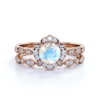 Anéis novos de Sterling Silver Blue Moonstone Engagement do estilo 925 em volta do casamento Ring Set de Moonstone