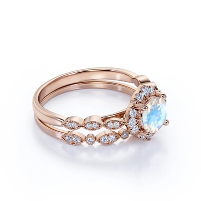 Anéis novos de Sterling Silver Blue Moonstone Engagement do estilo 925 em volta do casamento Ring Set de Moonstone