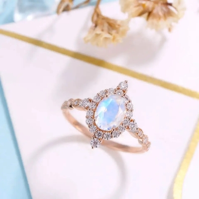 Rose Gold Plating a mais nova 925 aneis de noivado azuis de Sterling Silver Jewelry Oval Cut Moonstone