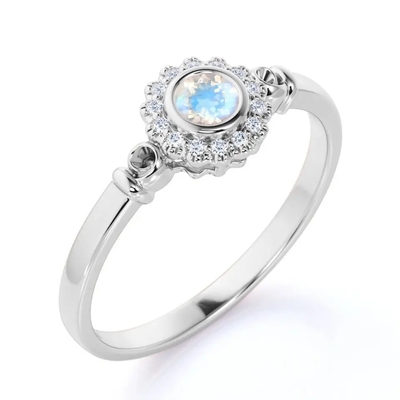 Ouro de 925 Sterling Silver Rose halo Ring Rainbow Moonstone Ring da flor de 1 quilate