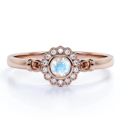 Ouro de 925 Sterling Silver Rose halo Ring Rainbow Moonstone Ring da flor de 1 quilate