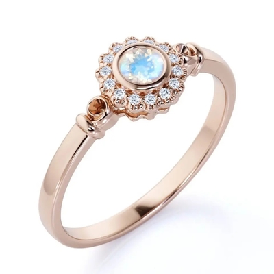 Ouro de 925 Sterling Silver Rose halo Ring Rainbow Moonstone Ring da flor de 1 quilate