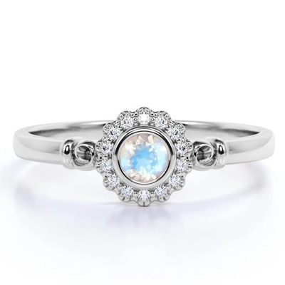 Ouro de 925 Sterling Silver Rose halo Ring Rainbow Moonstone Ring da flor de 1 quilate