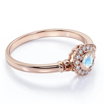 Ouro de 925 Sterling Silver Rose halo Ring Rainbow Moonstone Ring da flor de 1 quilate