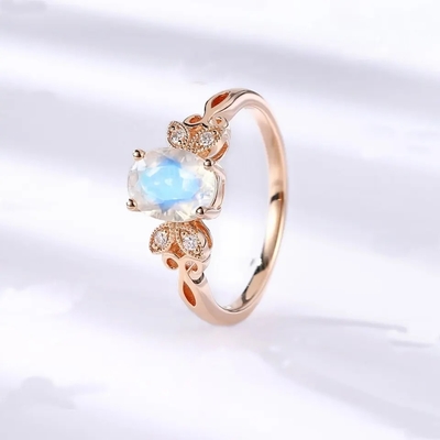 Ouro de 925 Sterling Silver Rose halo Ring Rainbow Moonstone Ring da flor de 1 quilate