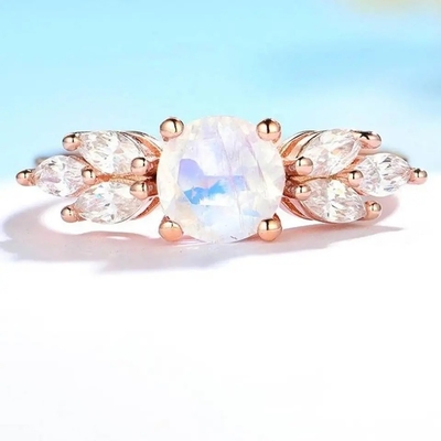 Ouro de 925 Sterling Silver Rose halo Ring Rainbow Moonstone Ring da flor de 1 quilate