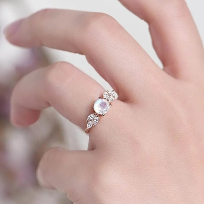 Ouro de 925 Sterling Silver Rose halo Ring Rainbow Moonstone Ring da flor de 1 quilate