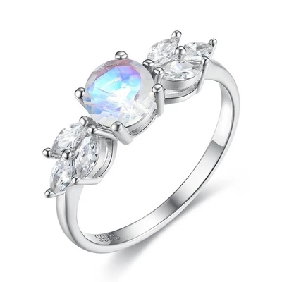 Ouro de 925 Sterling Silver Rose halo Ring Rainbow Moonstone Ring da flor de 1 quilate