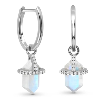 O hexágono de 925 Sterling Silver Natural Stone Jewelry cortou brincos azuis do parafuso prisioneiro de Moonstone do arco-íris