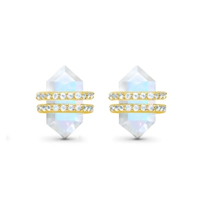 O hexágono de 925 Sterling Silver Natural Stone Jewelry cortou brincos azuis do parafuso prisioneiro de Moonstone do arco-íris