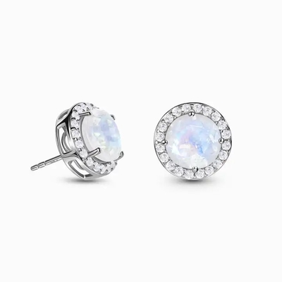 925 Sterling Silver Natural Moonstone Jewelry lapidaram brincos azuis do parafuso prisioneiro do halo do dobro de Moonstone