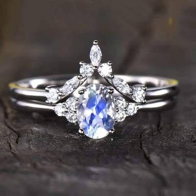 acoplamento Ring Moonstone Halo Rings Jewelry de 14K Rose Gold Oval Cabochon Cut Moonstone